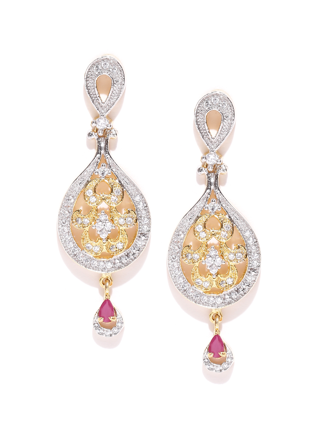 YouBella Silver-Toned  Gold-Toned Teardrop Shaped Drop Earrings